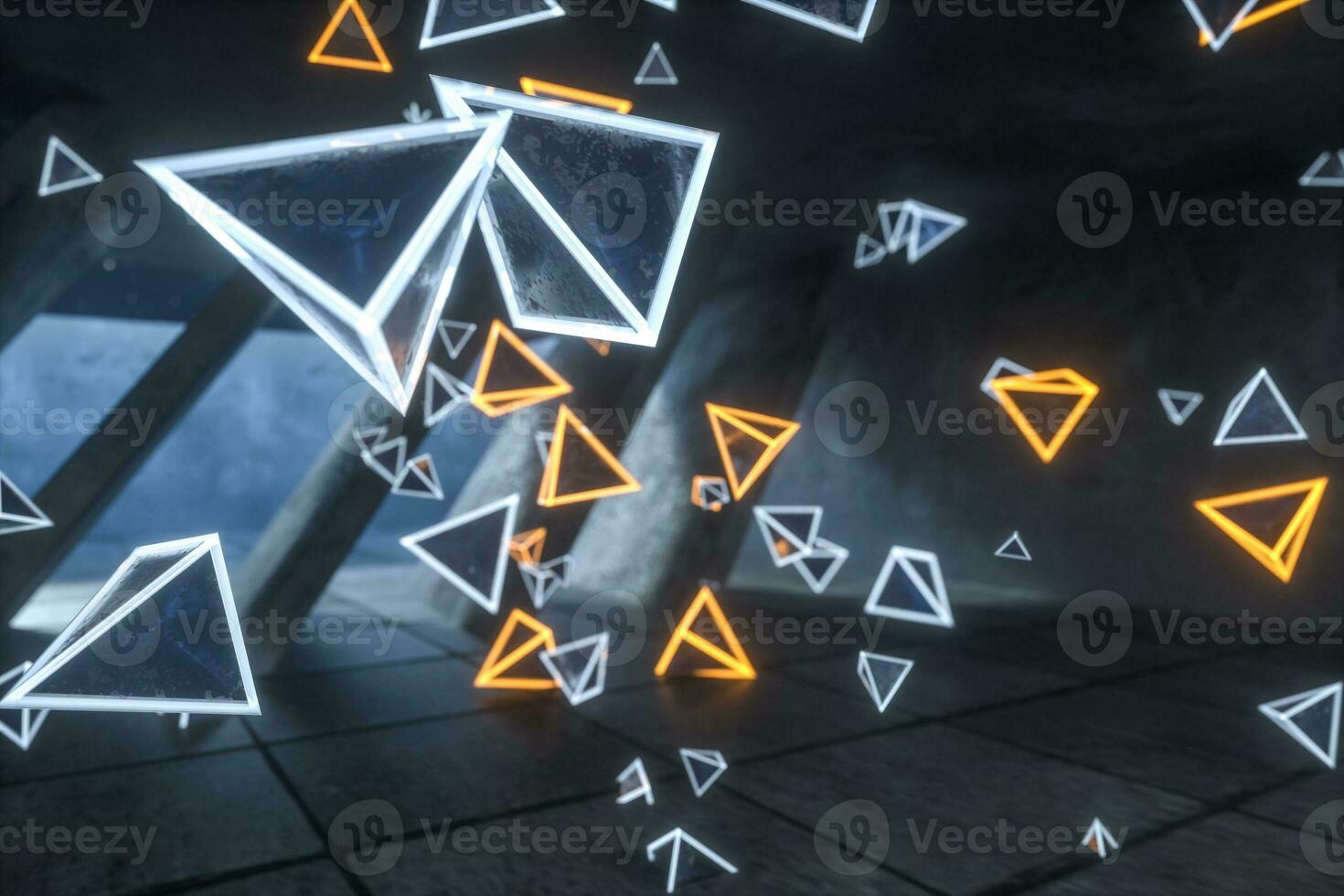 3d rendering, glowing magic triangles in abandoned room, dark background photo