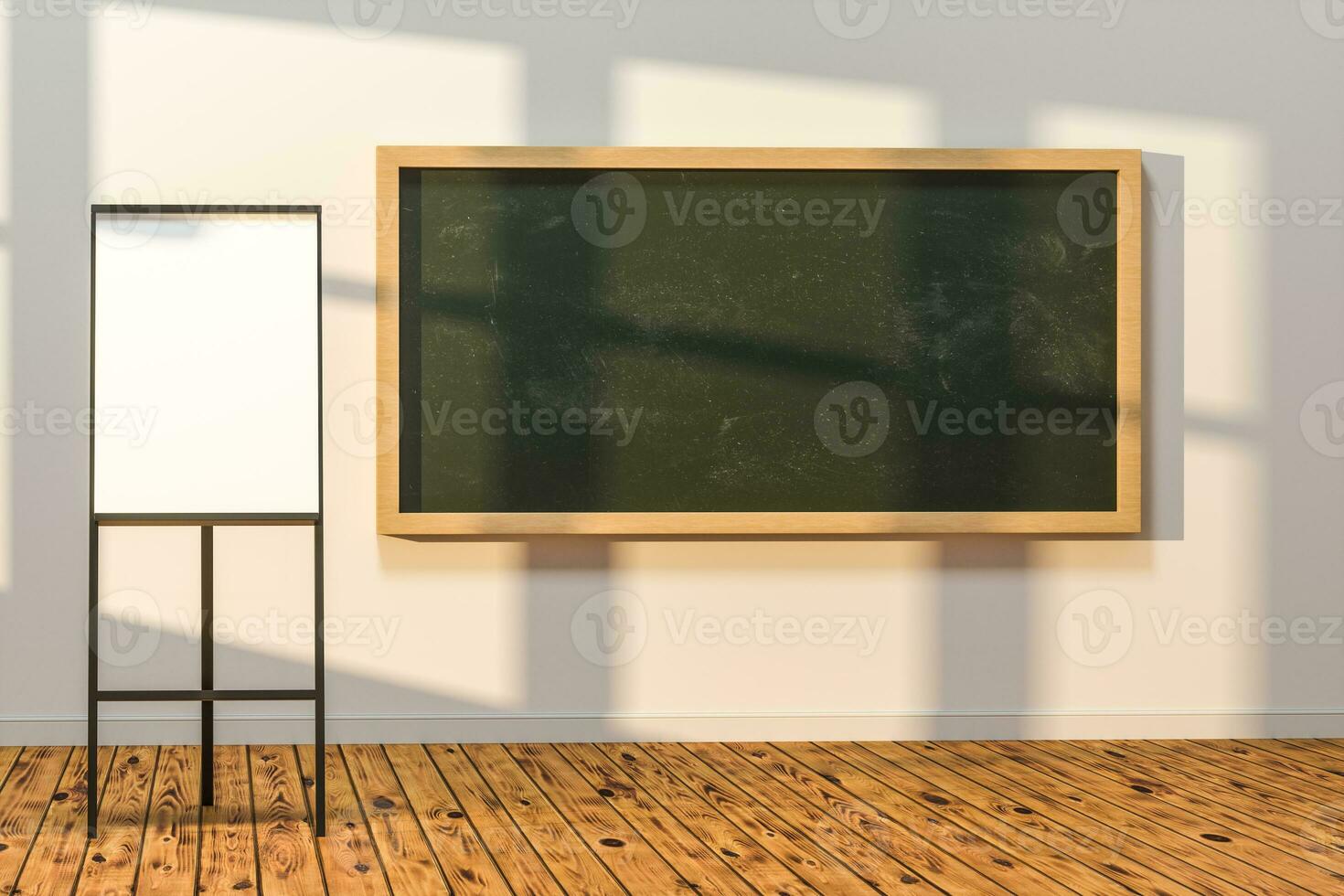 A classroom with a blackboard in the front of the room, 3d rendering. photo