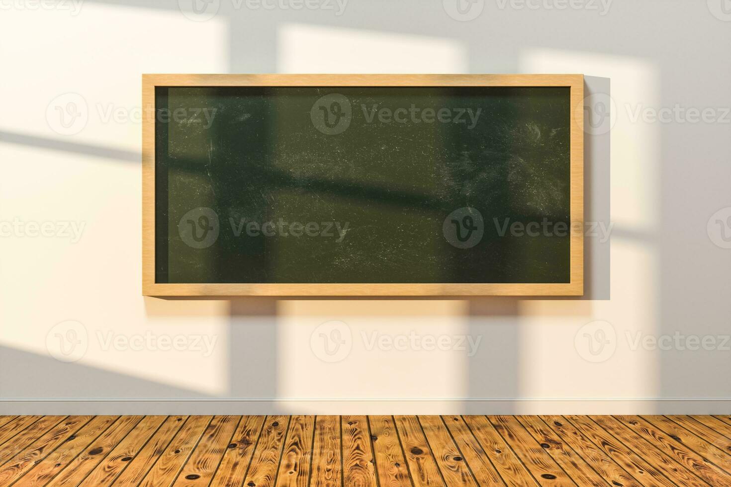 A classroom with a blackboard in the front of the room, 3d rendering. photo