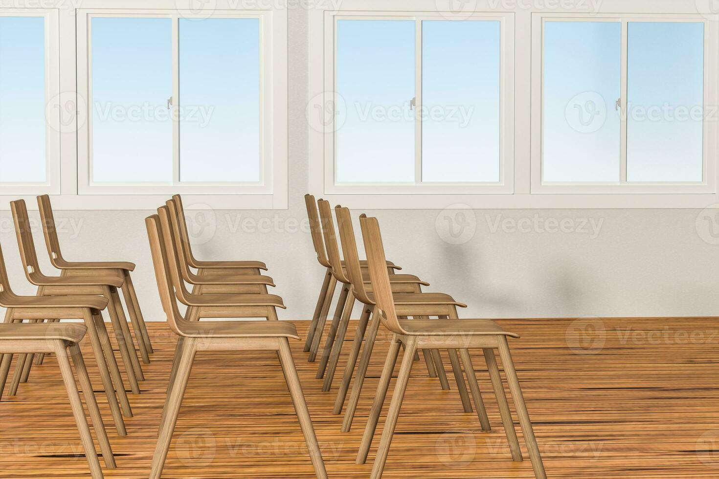 A classroom with chairs inside, 3d rendering. photo