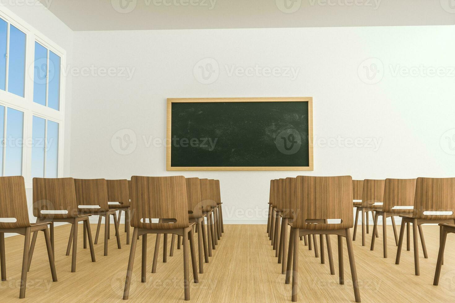 un salón de clases con sillas dentro y un pizarra en el frente de el habitación, 3d representación. foto