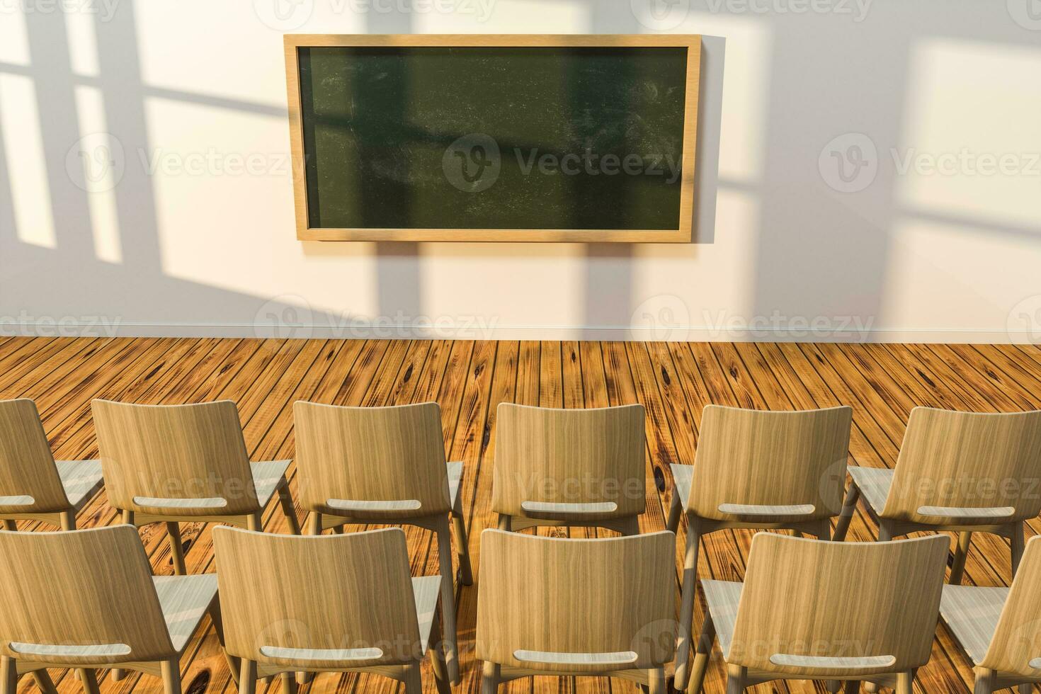 A classroom with chairs inside and a blackboard in the front of the room, 3d rendering. photo