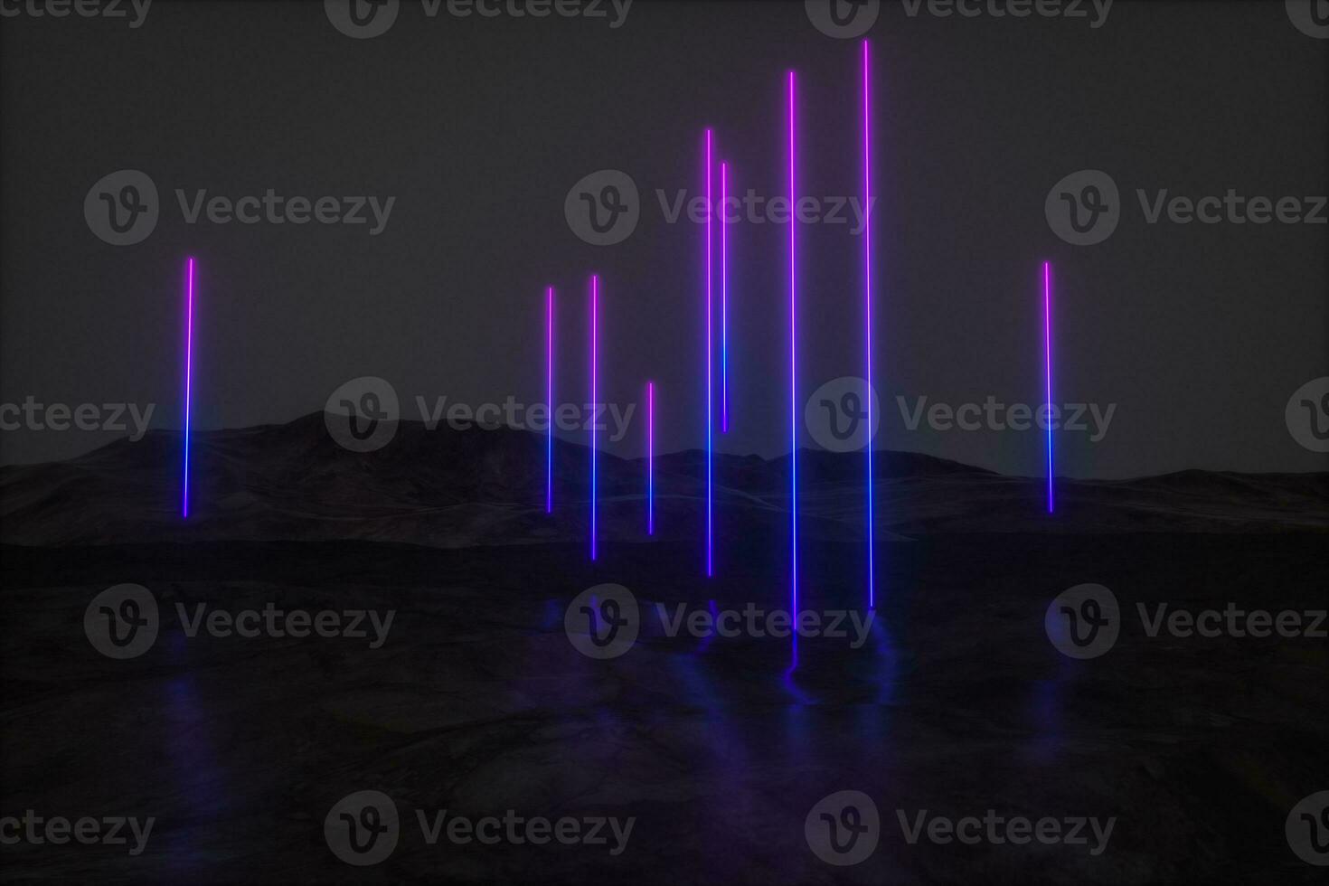 colorful glowing lines with dark mountain background, 3d rendering photo