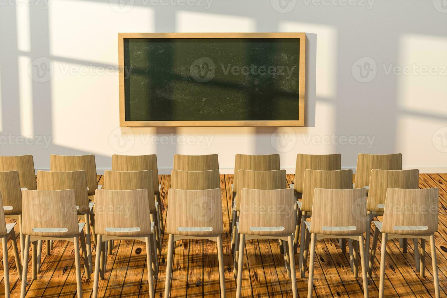 un salón de clases con sillas dentro y un pizarra en el frente de el habitación, 3d representación. foto