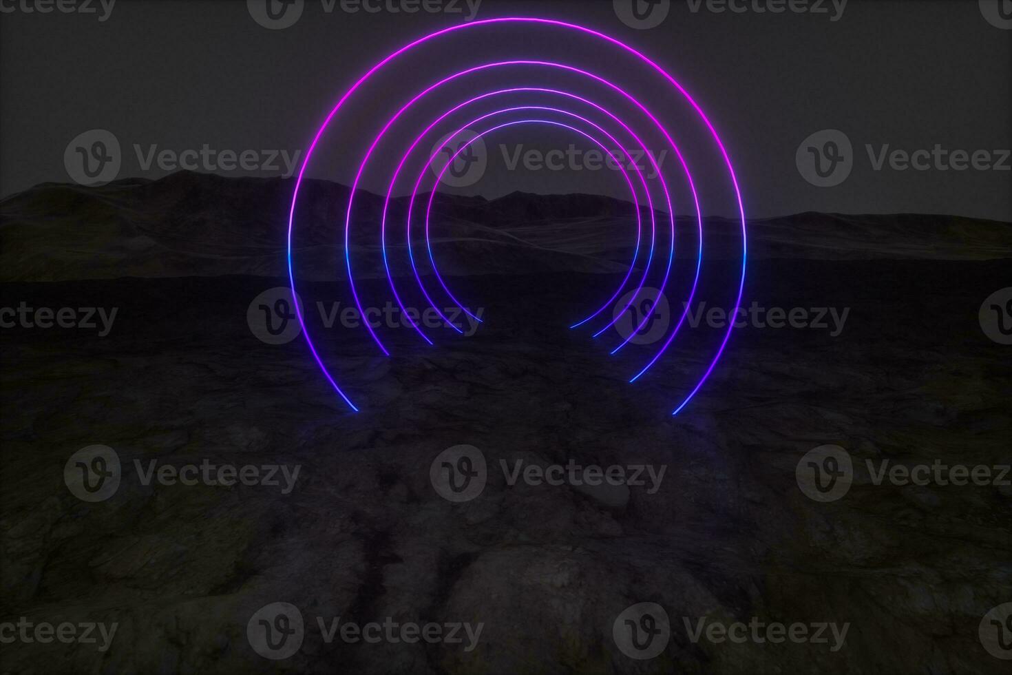 colorful glowing lines with dark mountain background, 3d rendering photo