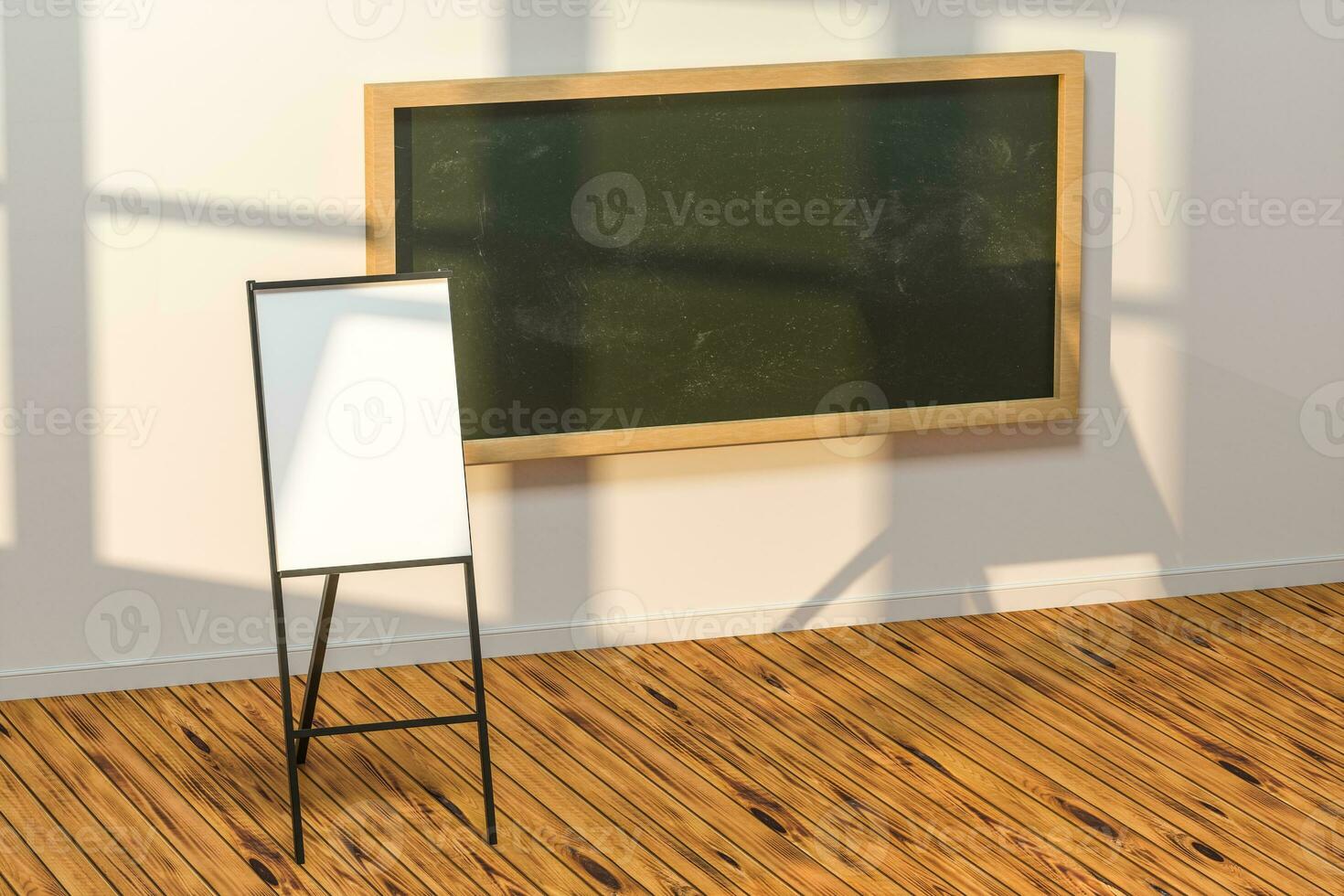 A classroom with a blackboard in the front of the room, 3d rendering. photo