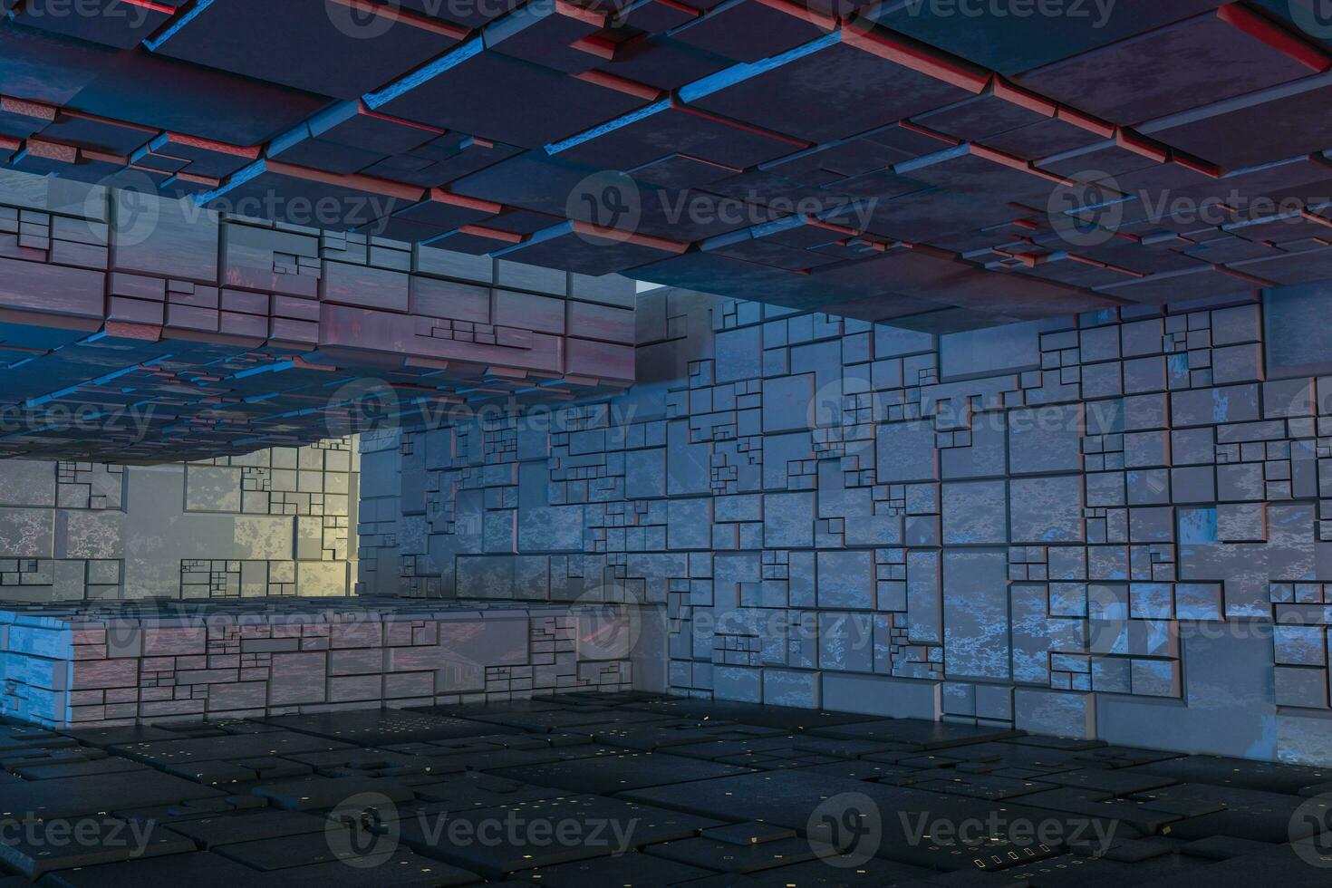 Dark ruins with circuit texture wall, sci-fi architecture background, 3d rendering. photo