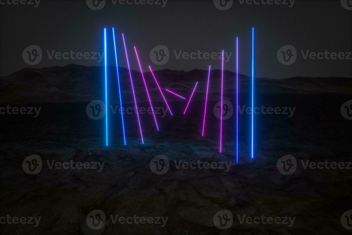 colorful glowing lines with dark mountain background, 3d rendering photo