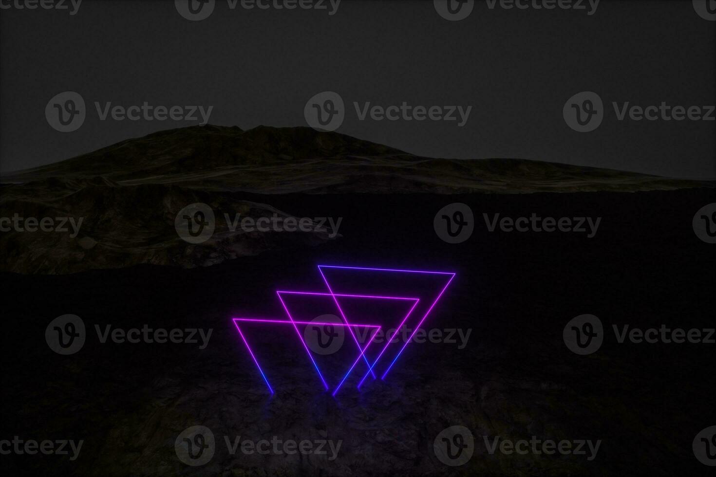 colorful glowing lines with dark mountain background, 3d rendering photo