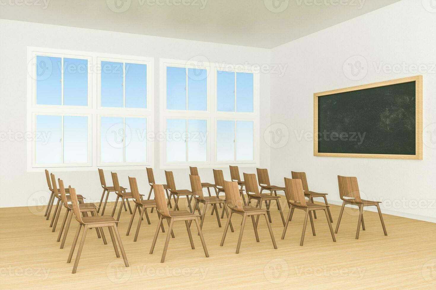 A classroom with chairs inside and a blackboard in the front of the room, 3d rendering. photo