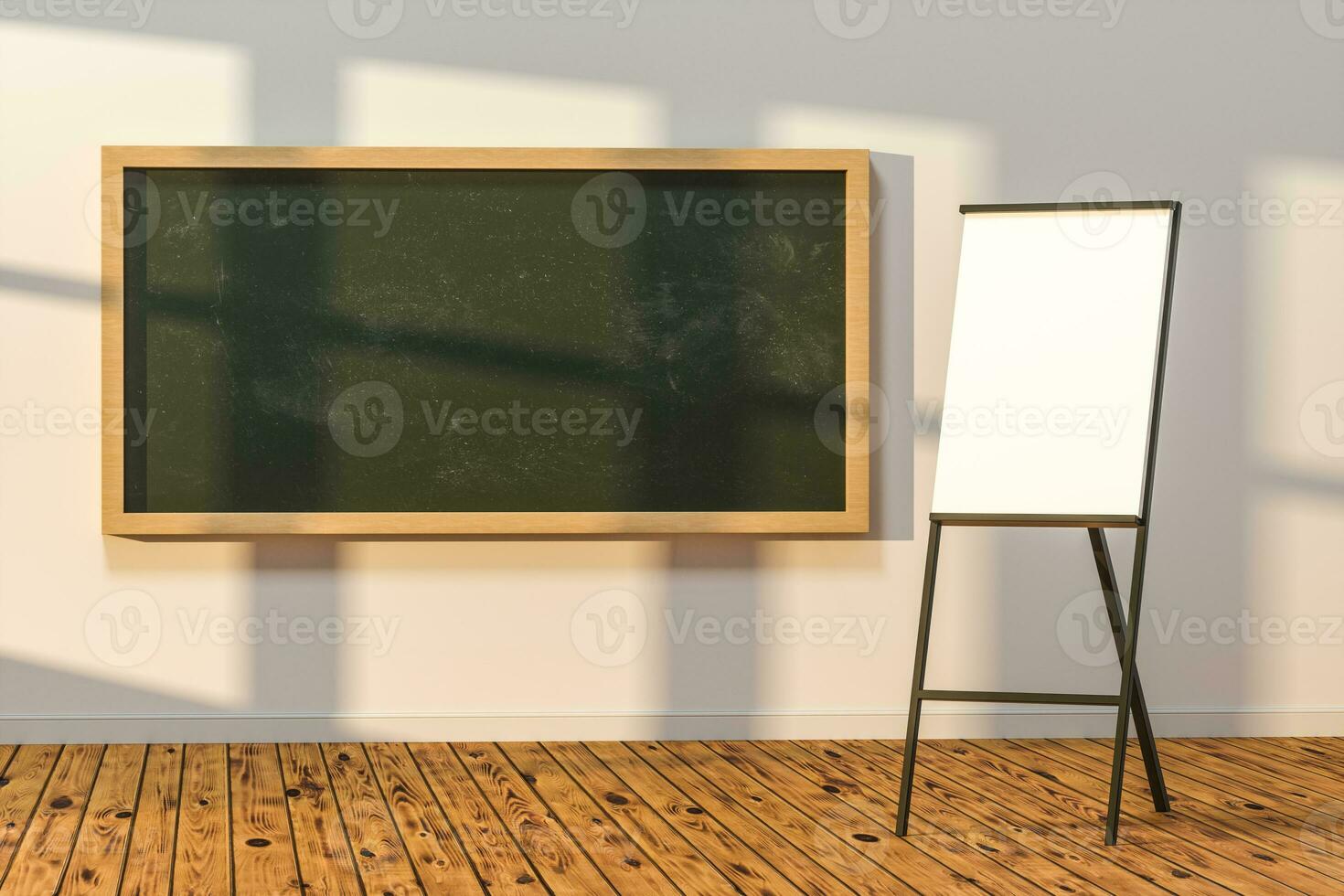 A classroom with a blackboard in the front of the room, 3d rendering. photo