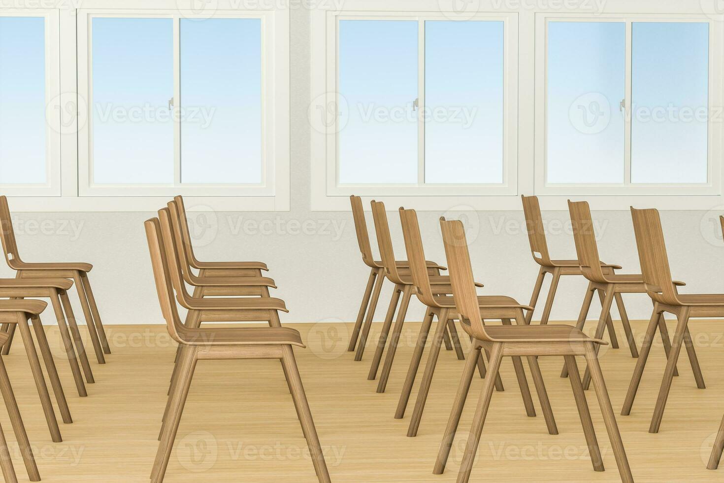 A classroom with chairs inside, 3d rendering. photo