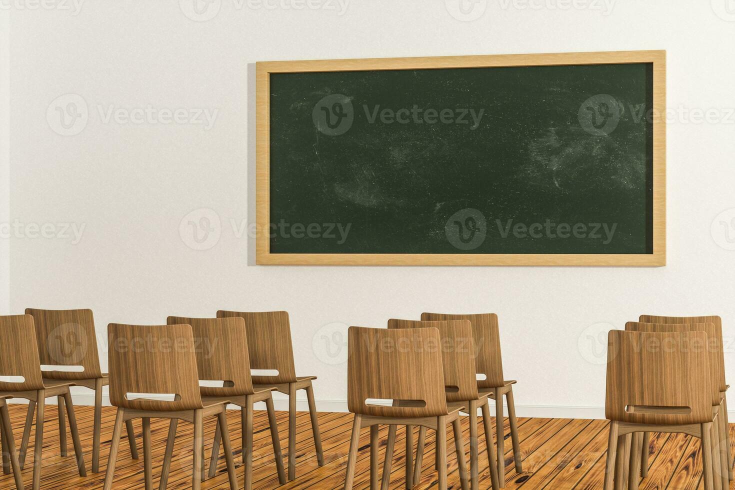 A classroom with chairs inside and a blackboard in the front of the room, 3d rendering. photo