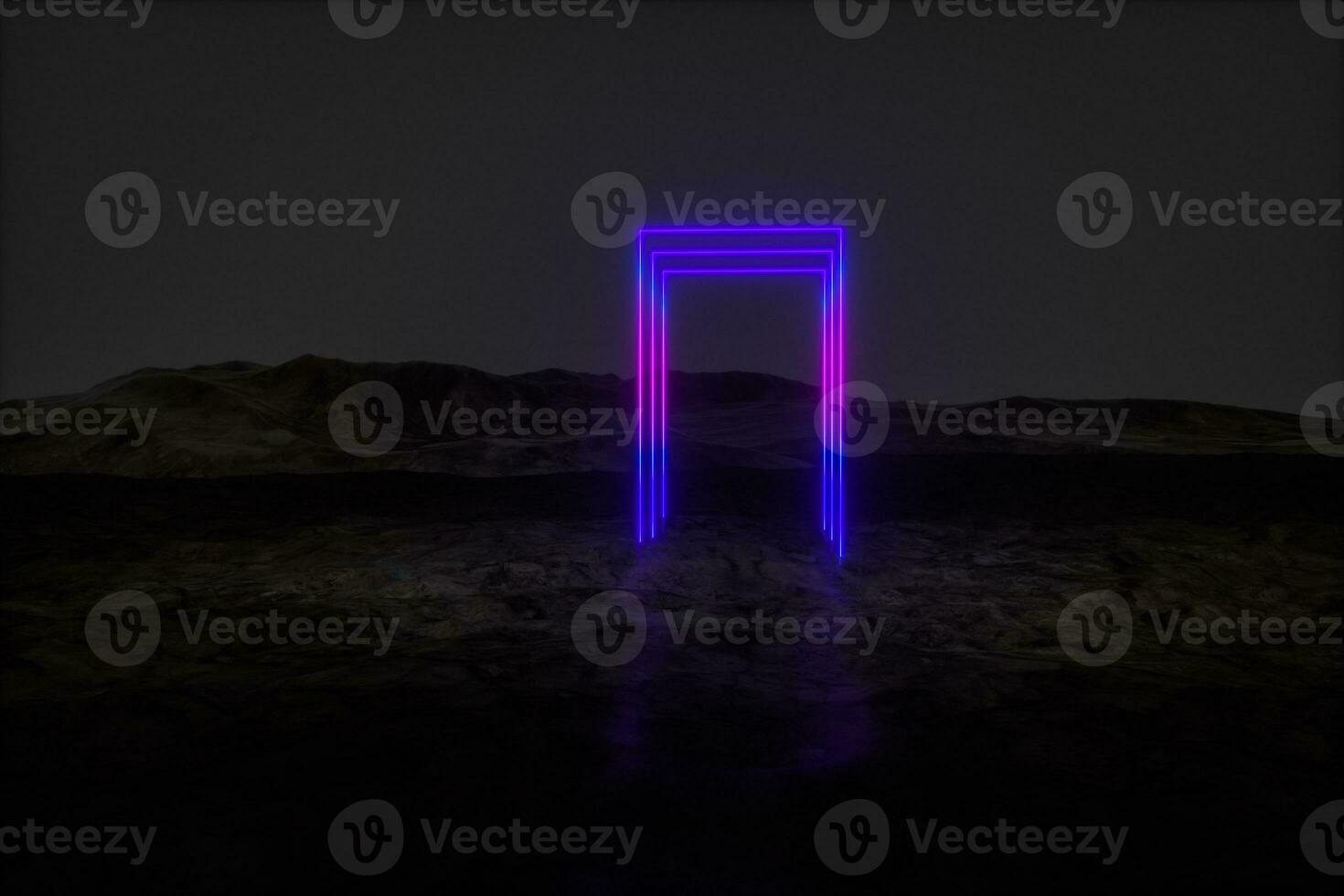 colorful glowing lines with dark mountain background, 3d rendering photo