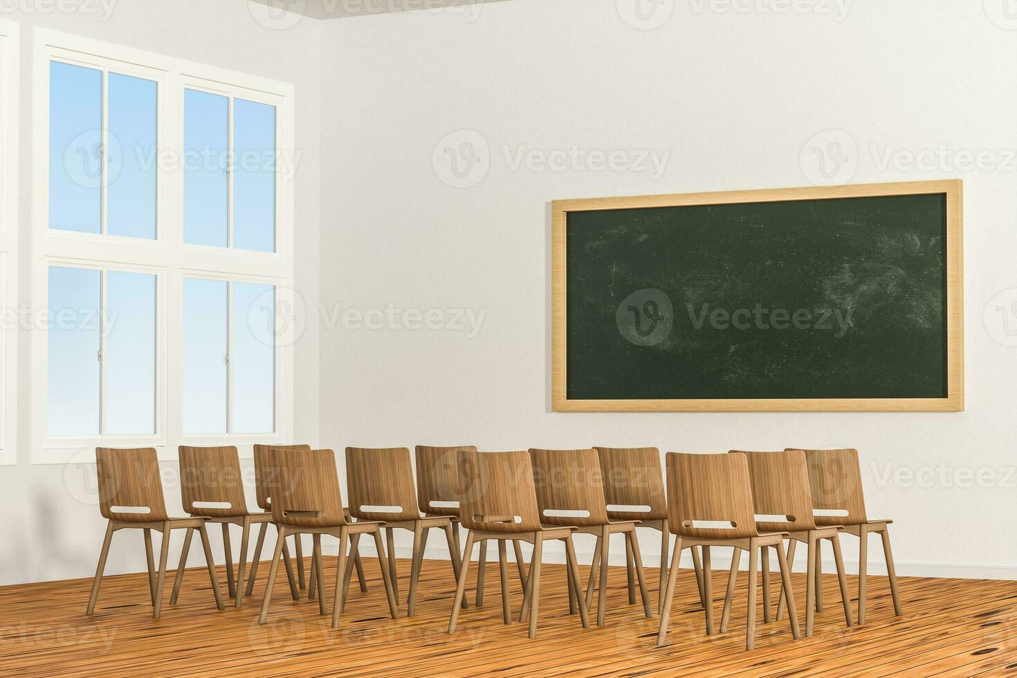 A classroom with chairs inside and a blackboard in the front of the room, 3d rendering. photo