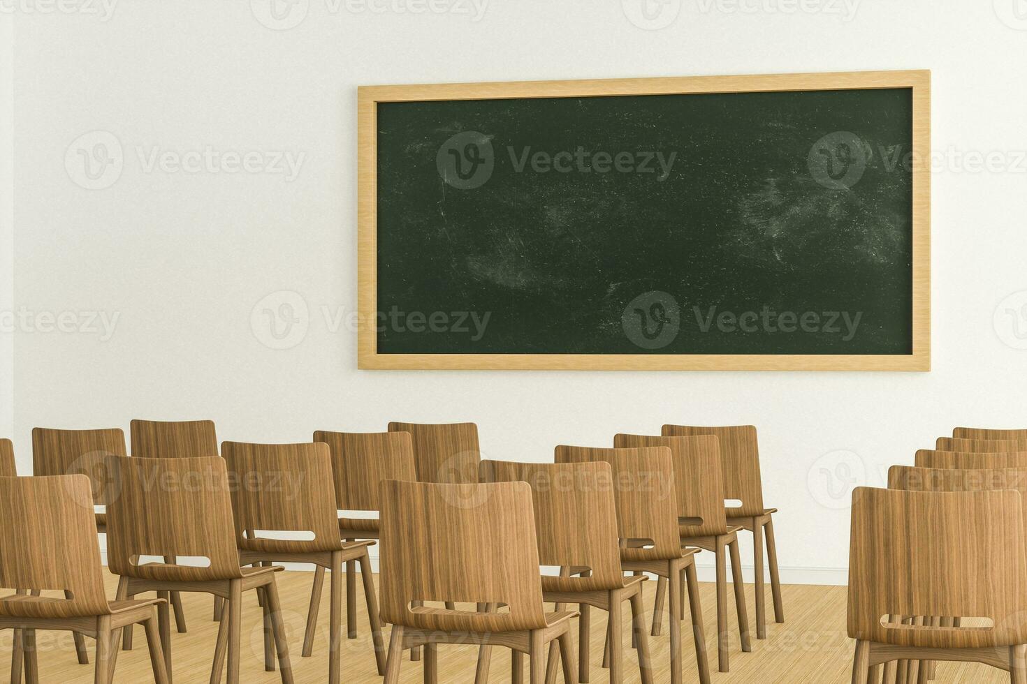 A classroom with chairs inside and a blackboard in the front of the room, 3d rendering. photo