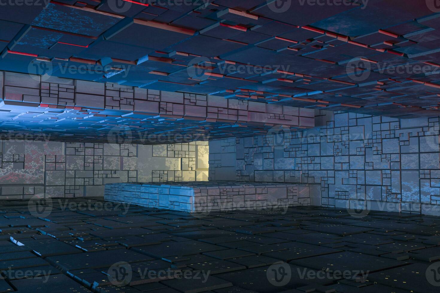 Dark ruins with circuit texture wall, sci-fi architecture background, 3d rendering. photo
