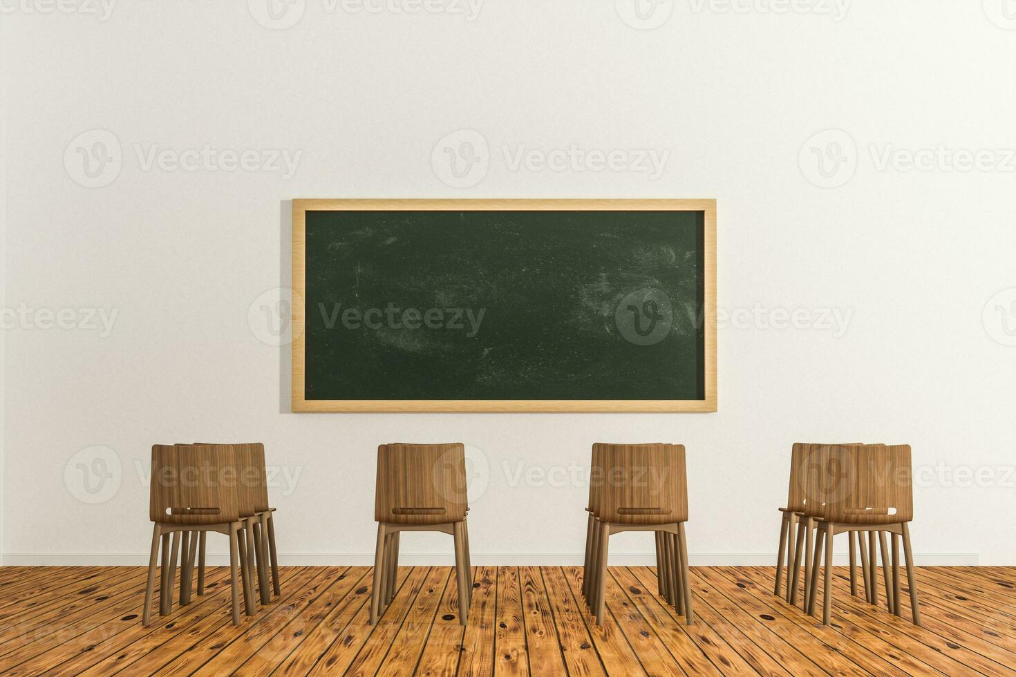 un salón de clases con sillas dentro y un pizarra en el frente de el habitación, 3d representación. foto