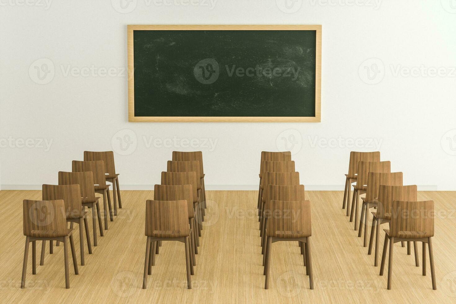 A classroom with chairs inside and a blackboard in the front of the room, 3d rendering. photo