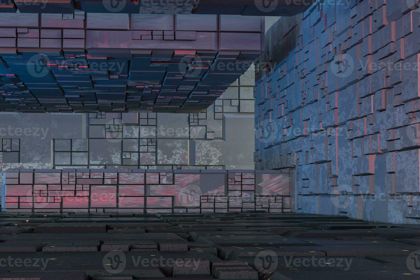 Dark ruins with circuit texture wall, sci-fi architecture background, 3d rendering. photo