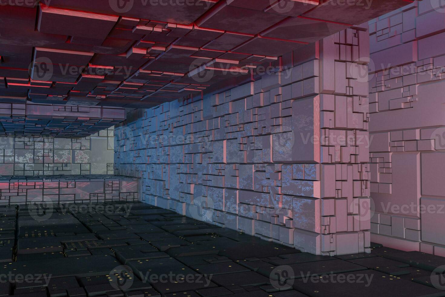 Dark ruins with circuit texture wall, sci-fi architecture background, 3d rendering. photo