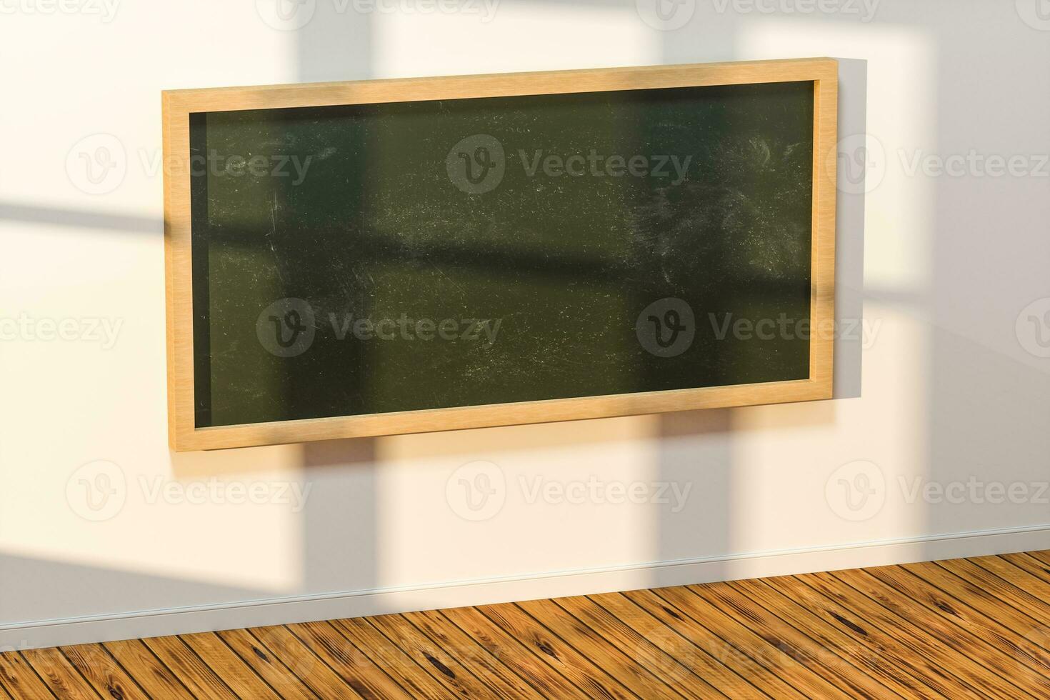 A classroom with a blackboard in the front of the room, 3d rendering. photo