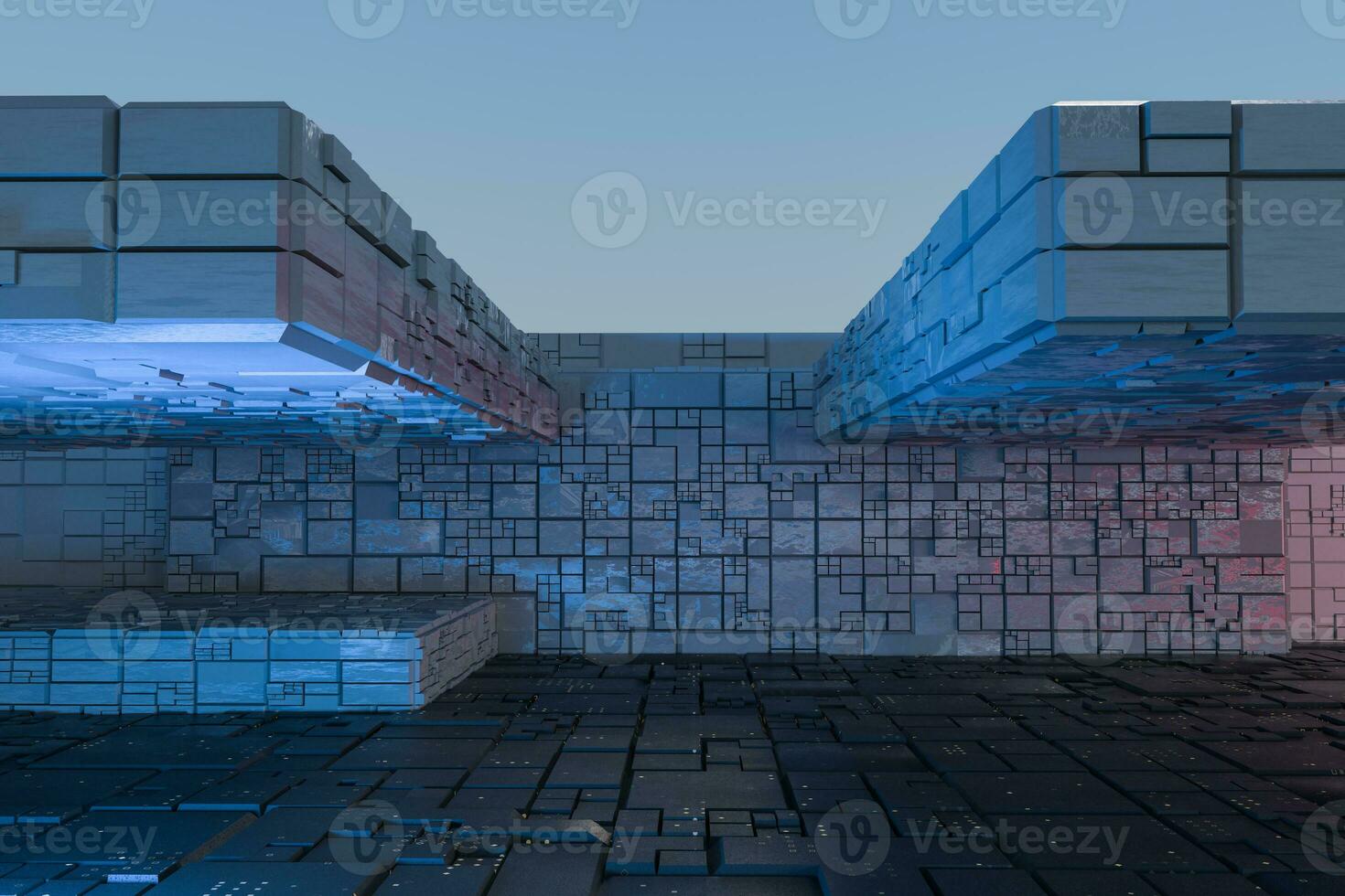 Dark ruins with circuit texture wall, sci-fi architecture background, 3d rendering. photo