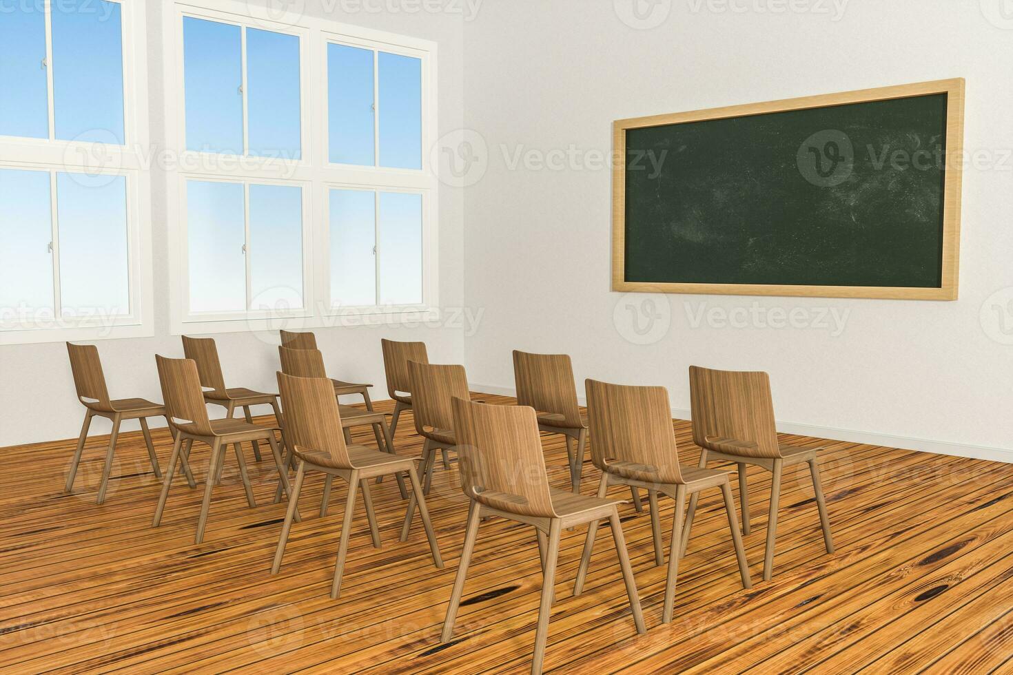 un salón de clases con sillas dentro y un pizarra en el frente de el habitación, 3d representación. foto