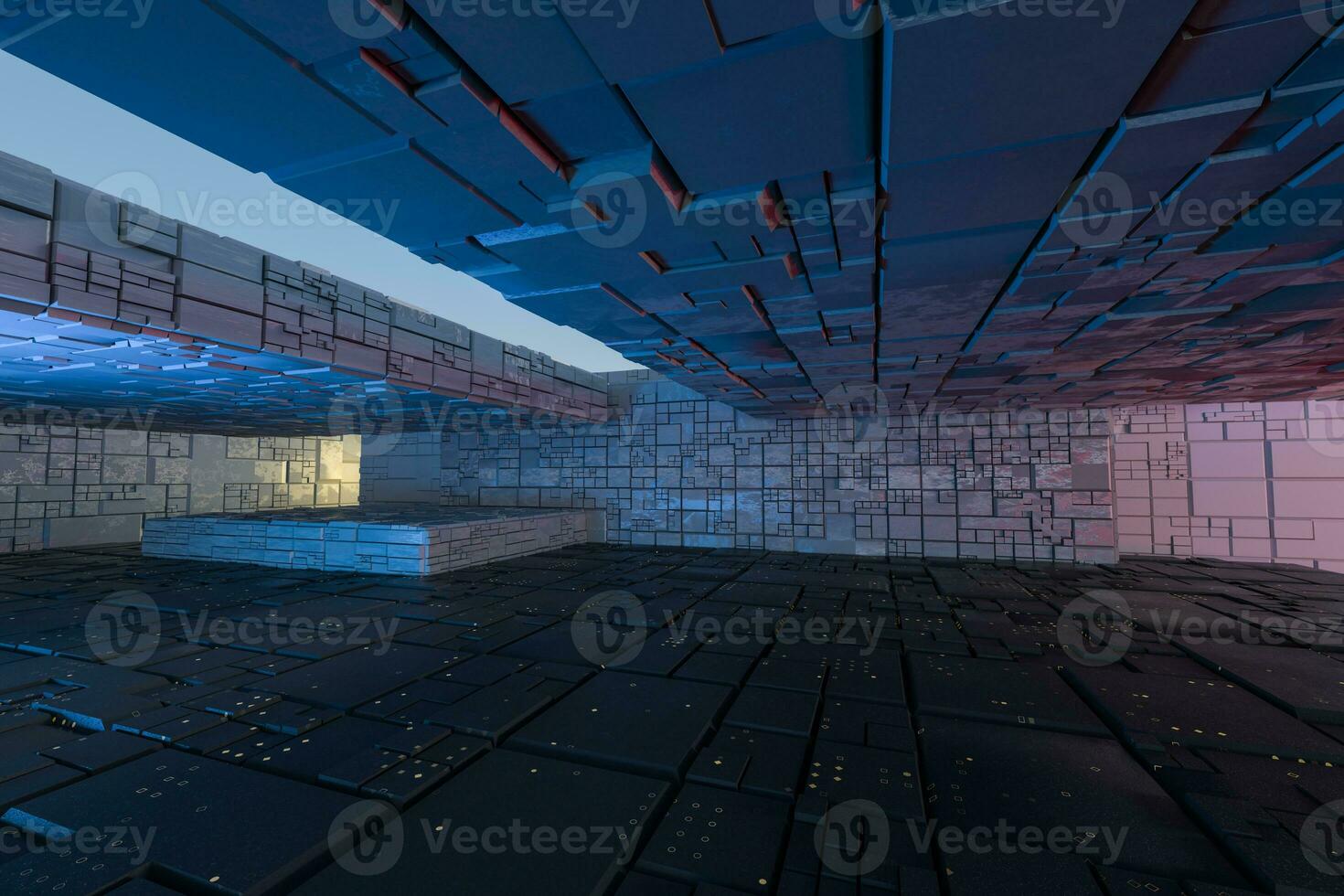 Dark ruins with circuit texture wall, sci-fi architecture background, 3d rendering. photo