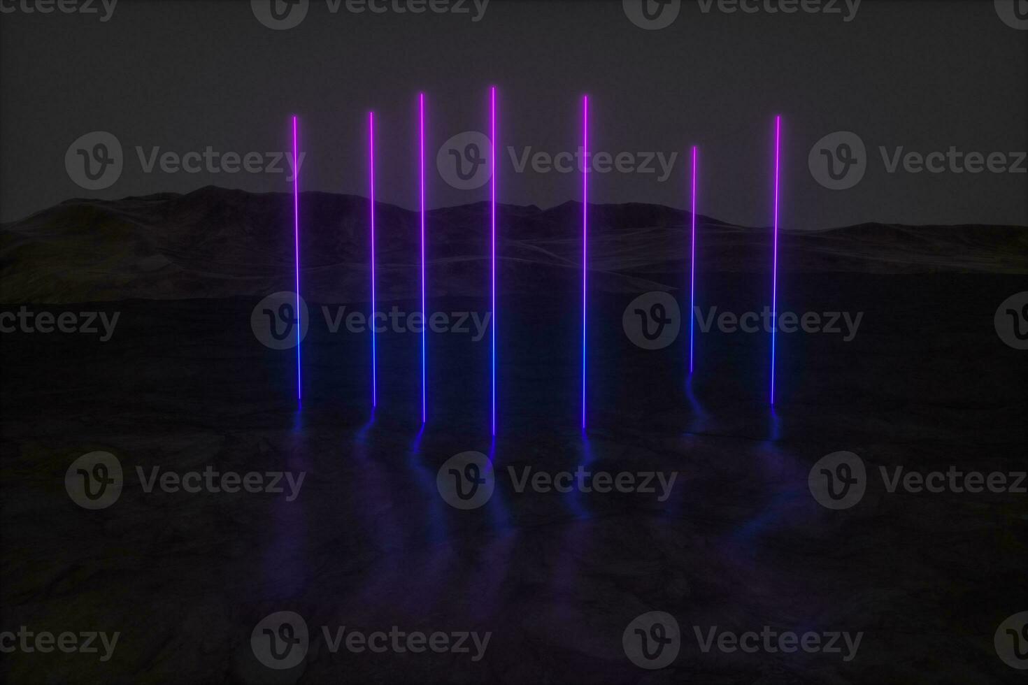 colorful glowing lines with dark mountain background, 3d rendering photo