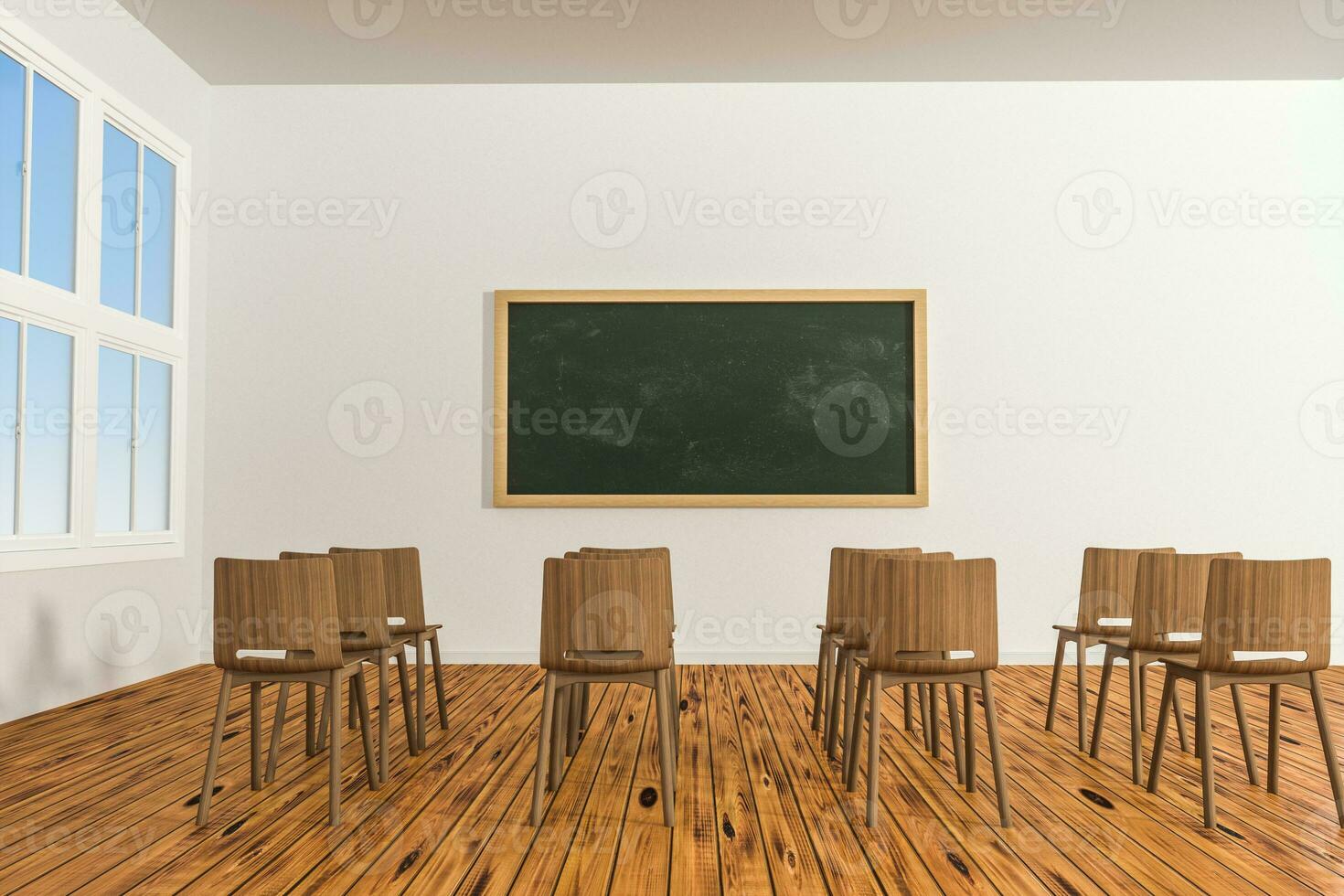 un salón de clases con sillas dentro y un pizarra en el frente de el habitación, 3d representación. foto