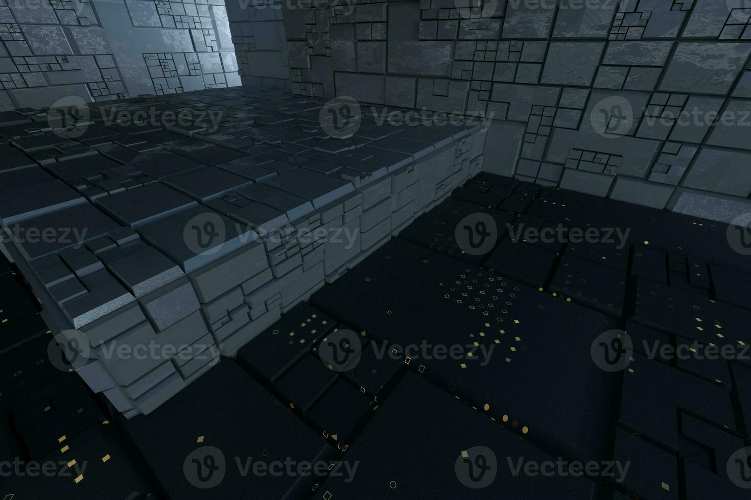 Dark ruins with circuit texture wall, sci-fi architecture background, 3d rendering. photo