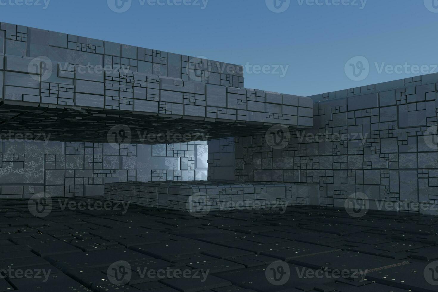 Dark ruins with circuit texture wall, sci-fi architecture background, 3d rendering. photo