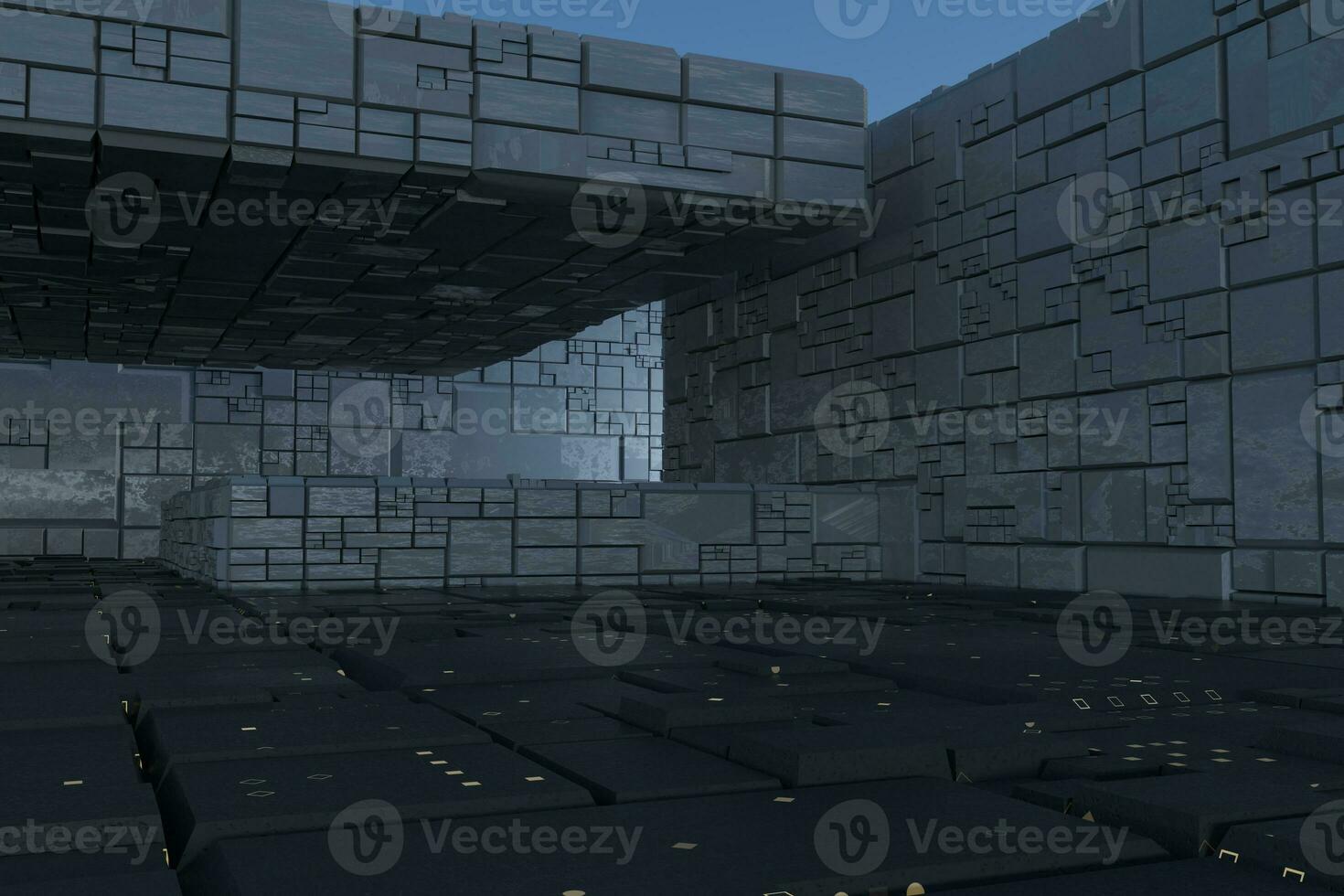 Dark ruins with circuit texture wall, sci-fi architecture background, 3d rendering. photo