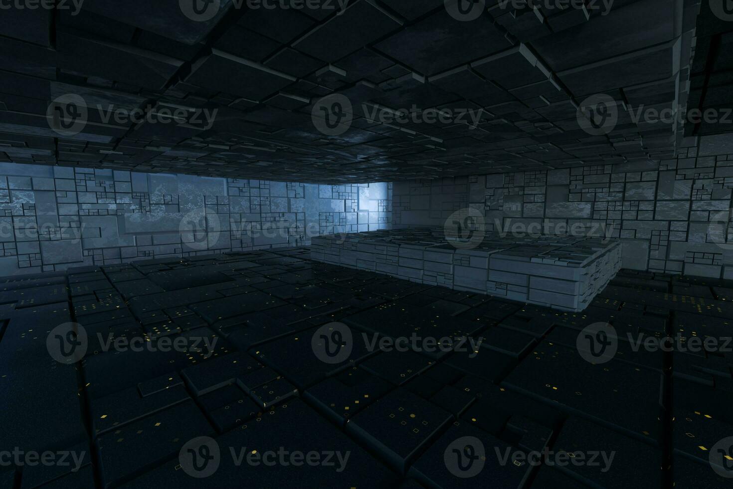 Dark ruins with circuit texture wall, sci-fi architecture background, 3d rendering. photo