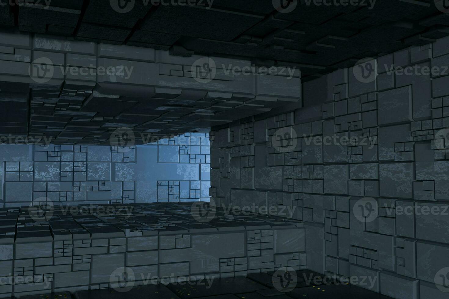 Dark ruins with circuit texture wall, sci-fi architecture background, 3d rendering. photo