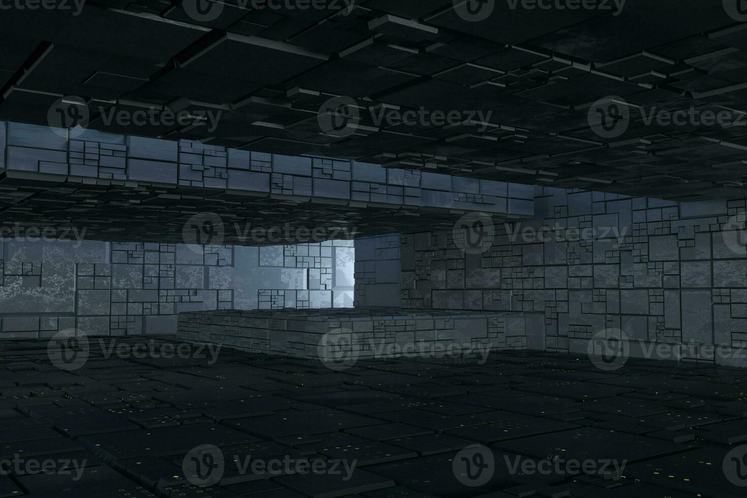 Dark ruins with circuit texture wall, sci-fi architecture background, 3d rendering. photo
