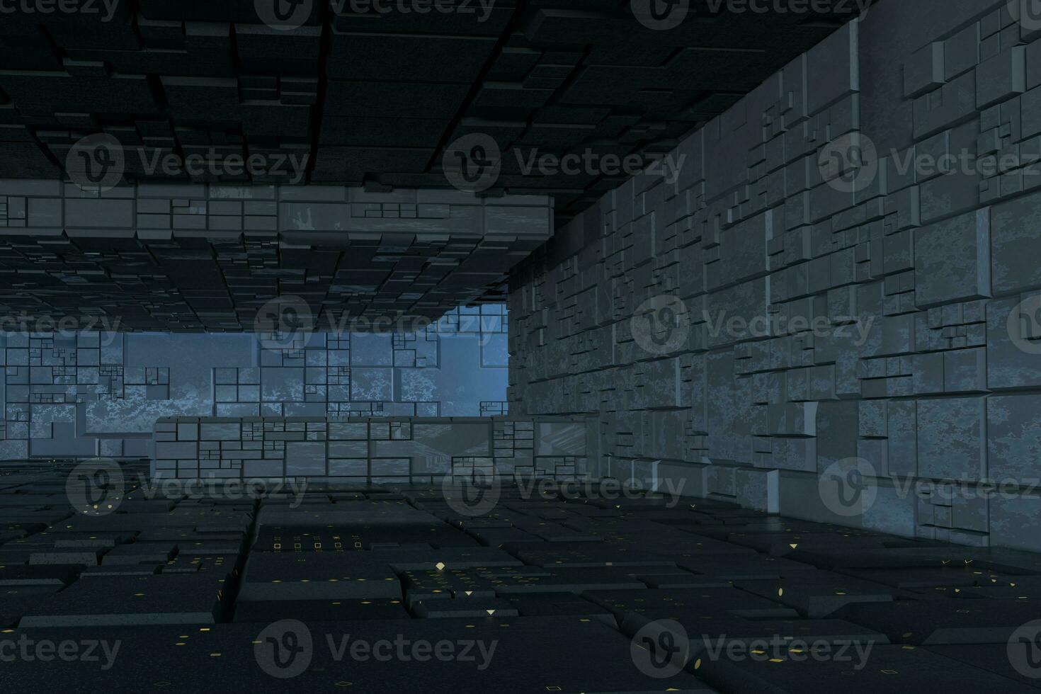 Dark ruins with circuit texture wall, sci-fi architecture background, 3d rendering. photo