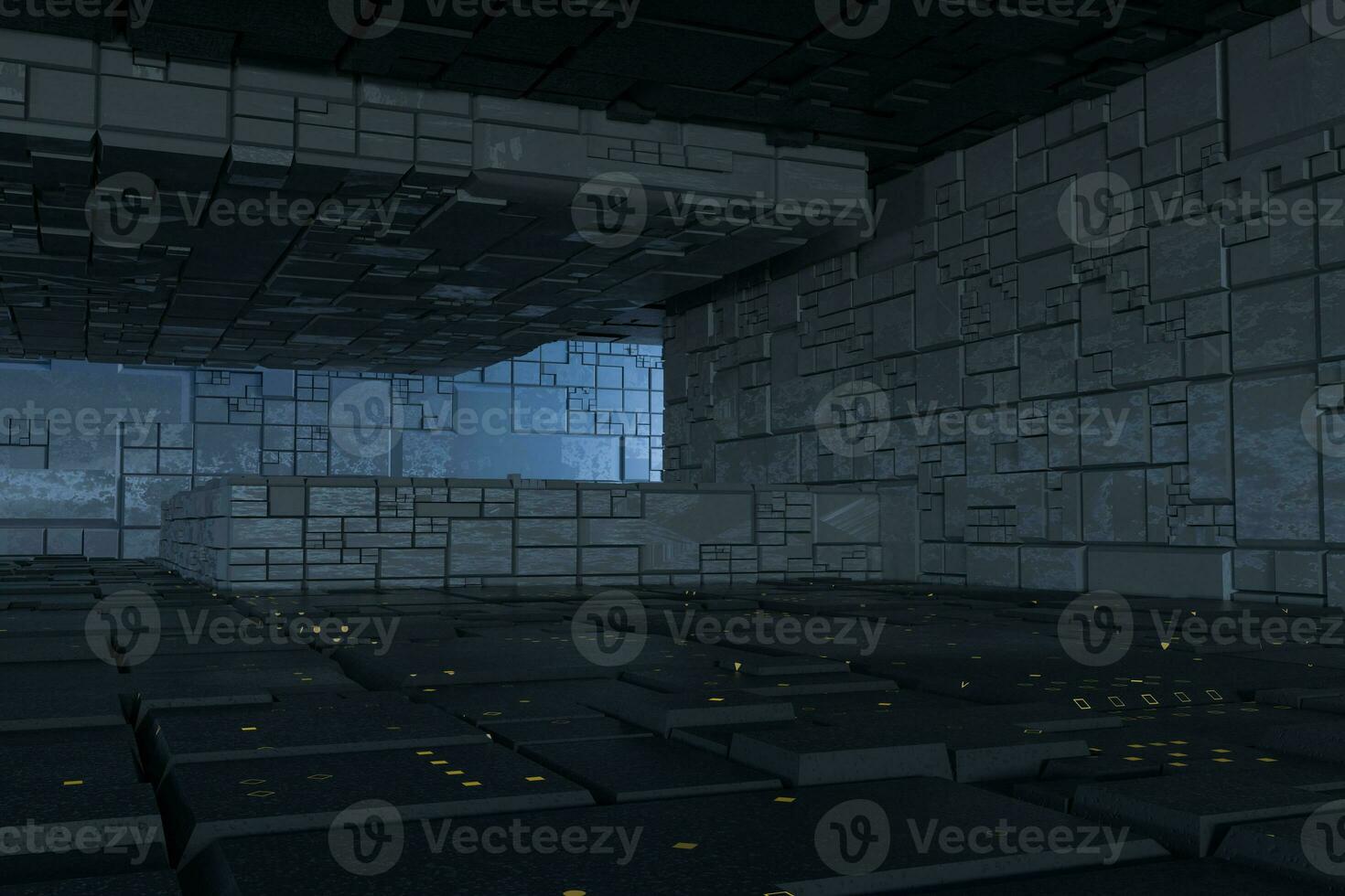 Dark ruins with circuit texture wall, sci-fi architecture background, 3d rendering. photo