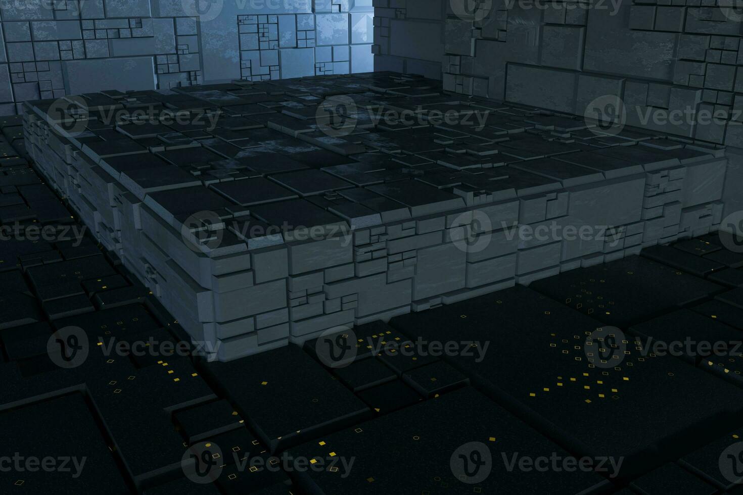 Dark ruins with circuit texture wall, sci-fi architecture background, 3d rendering. photo