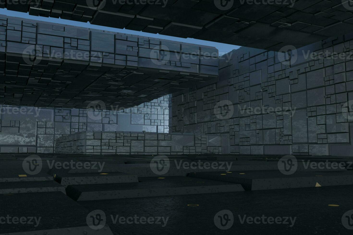 Dark ruins with circuit texture wall, sci-fi architecture background, 3d rendering. photo