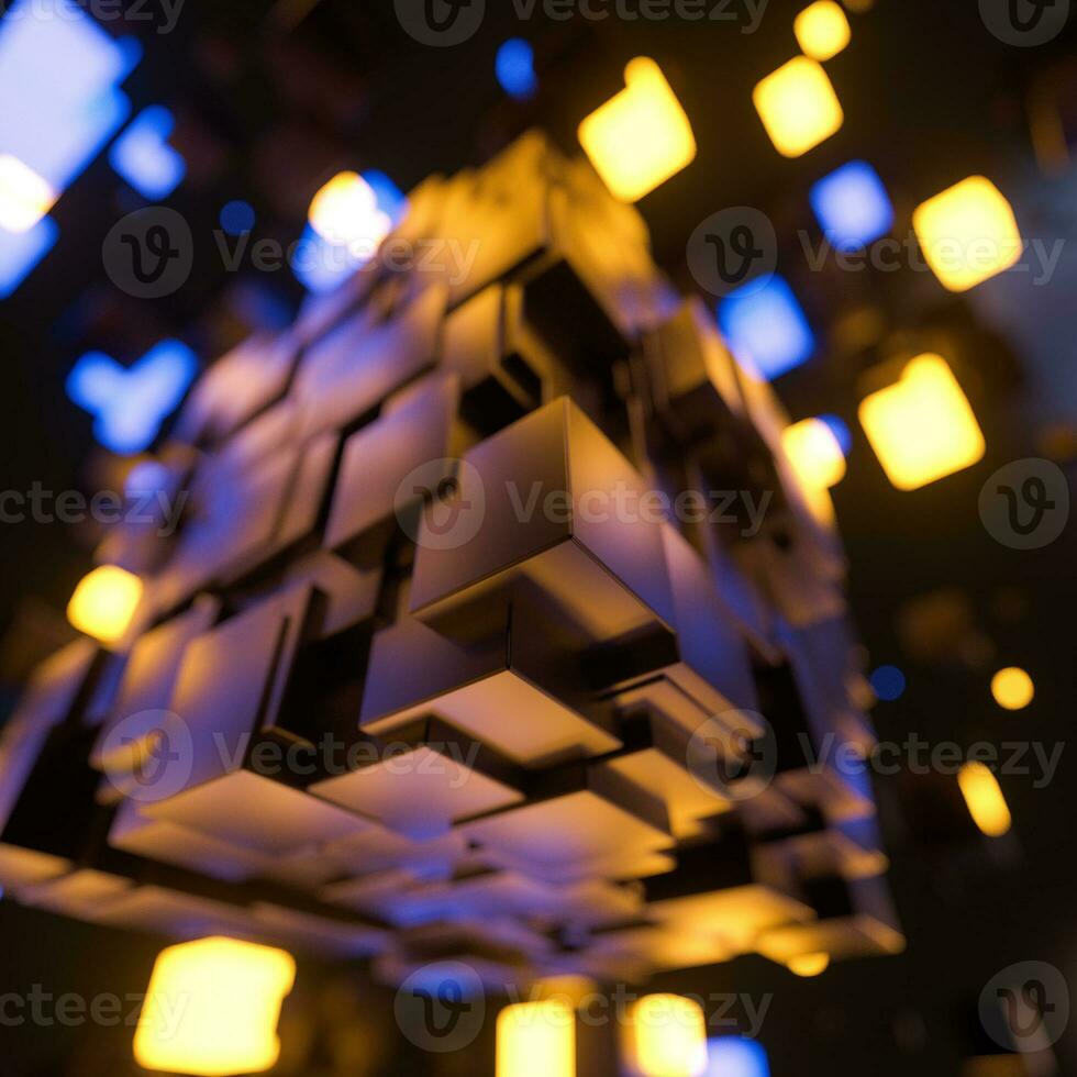 Dark cubes randomly distributed in the air, 3d rendering. photo
