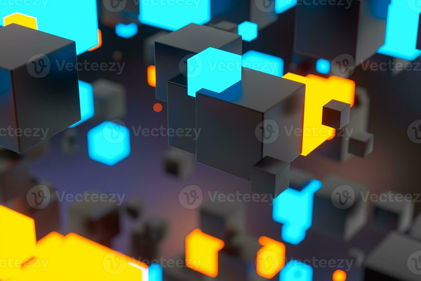 Dark cubes randomly distributed in the air, 3d rendering. photo