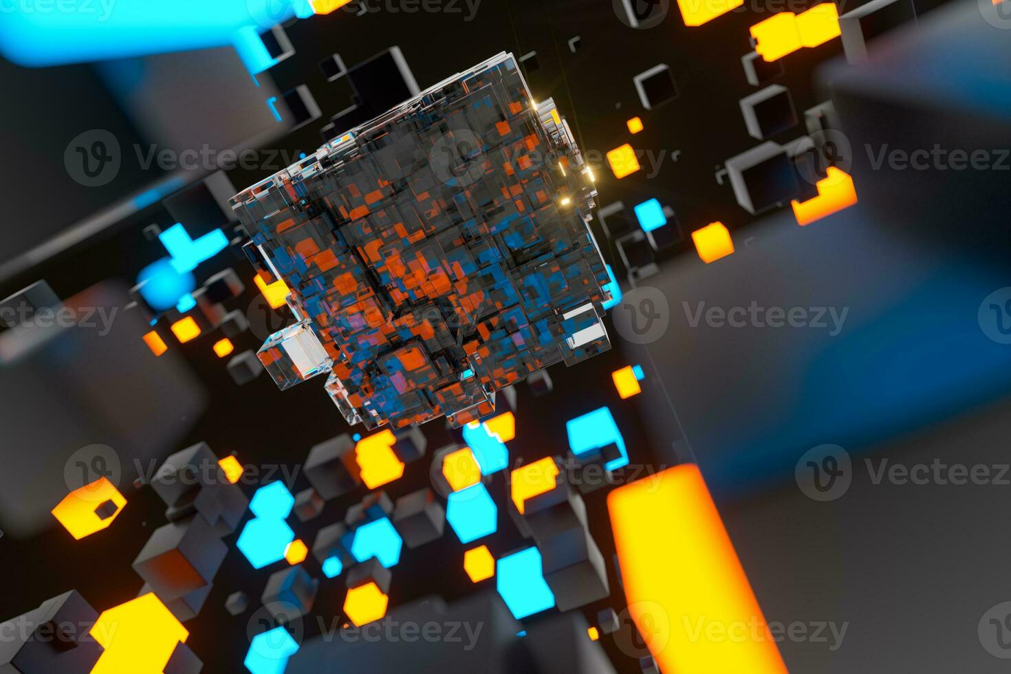 Dark cubes randomly distributed in the air, 3d rendering. photo