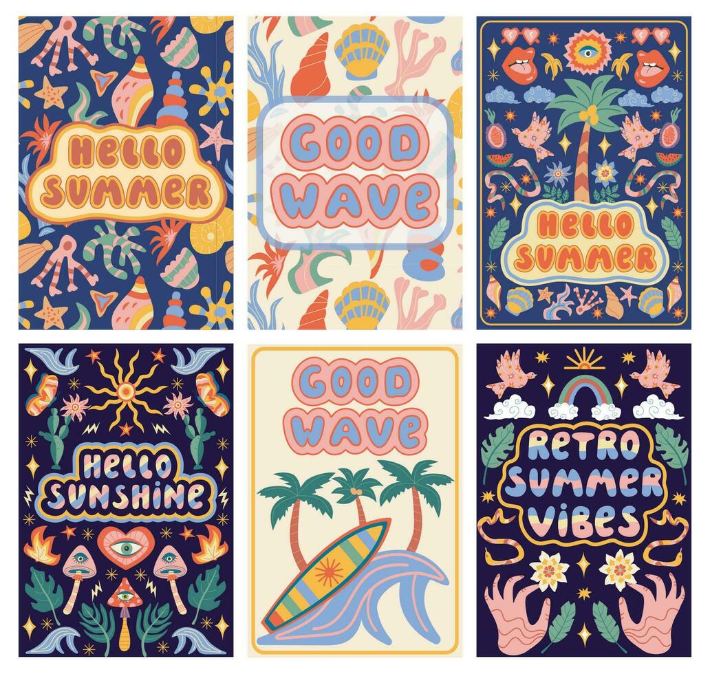 conjunto de 12 retro verano carteles vector