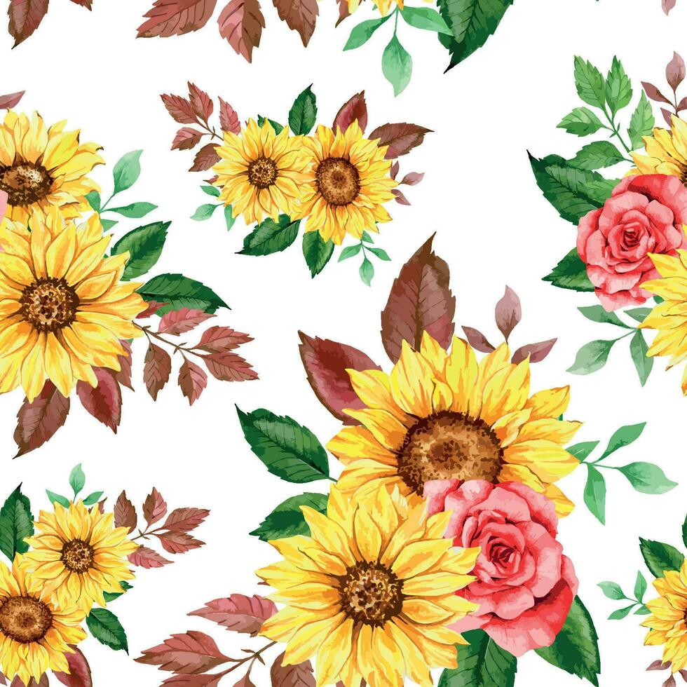 elegante floral sin costura modelo con acuarela girasoles y verdor vector