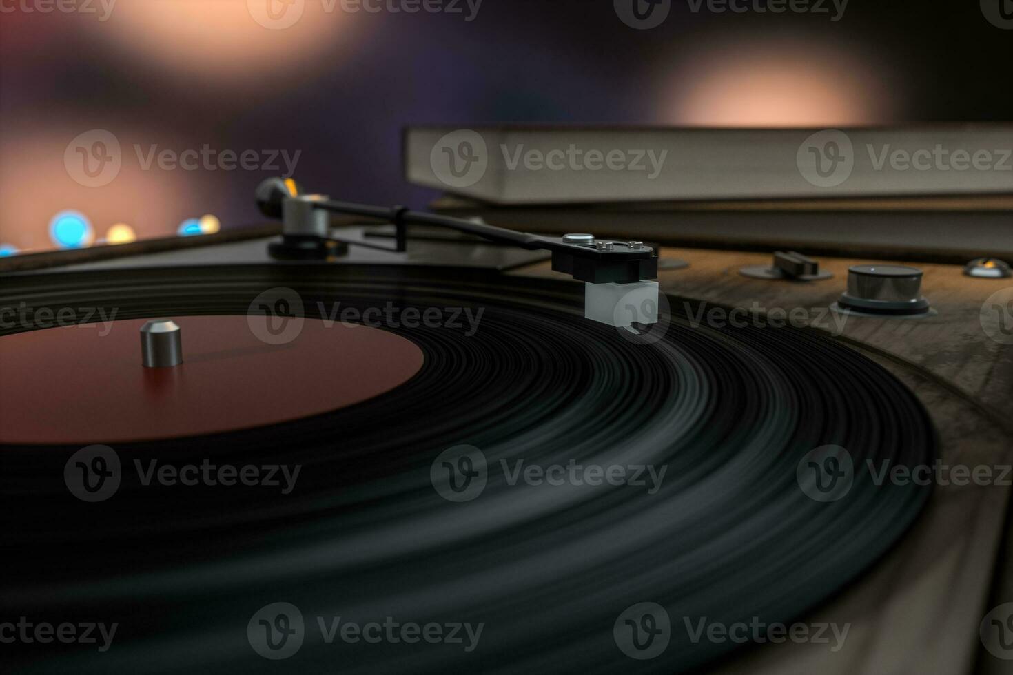 The old wooden vinyl record player on the table, 3d rendering. photo
