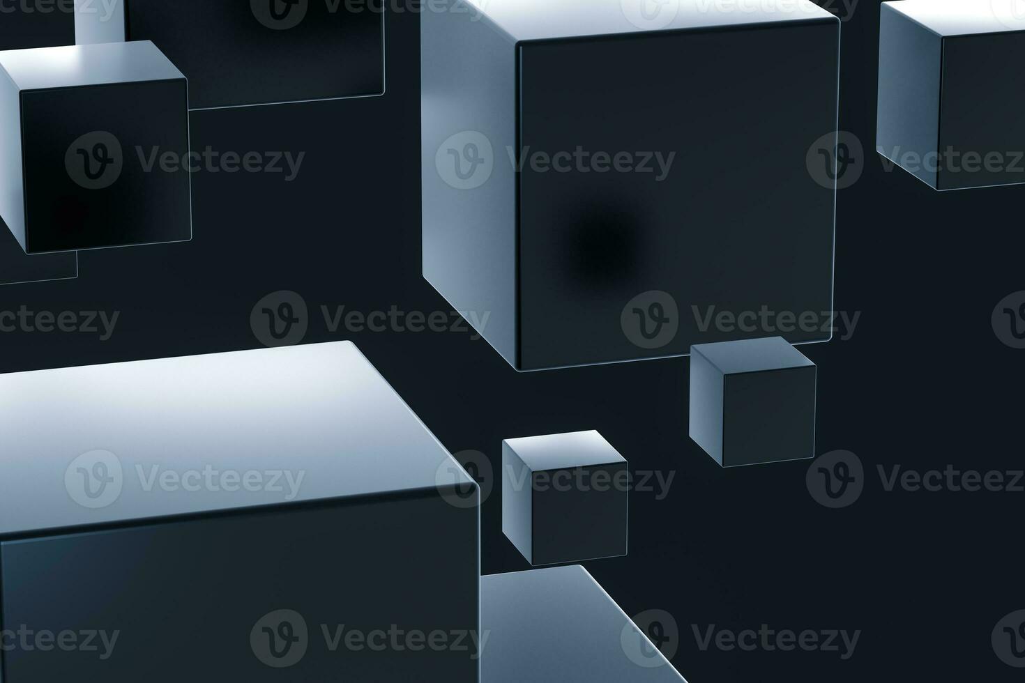 Dark cubes randomly distributed in the air, 3d rendering. photo