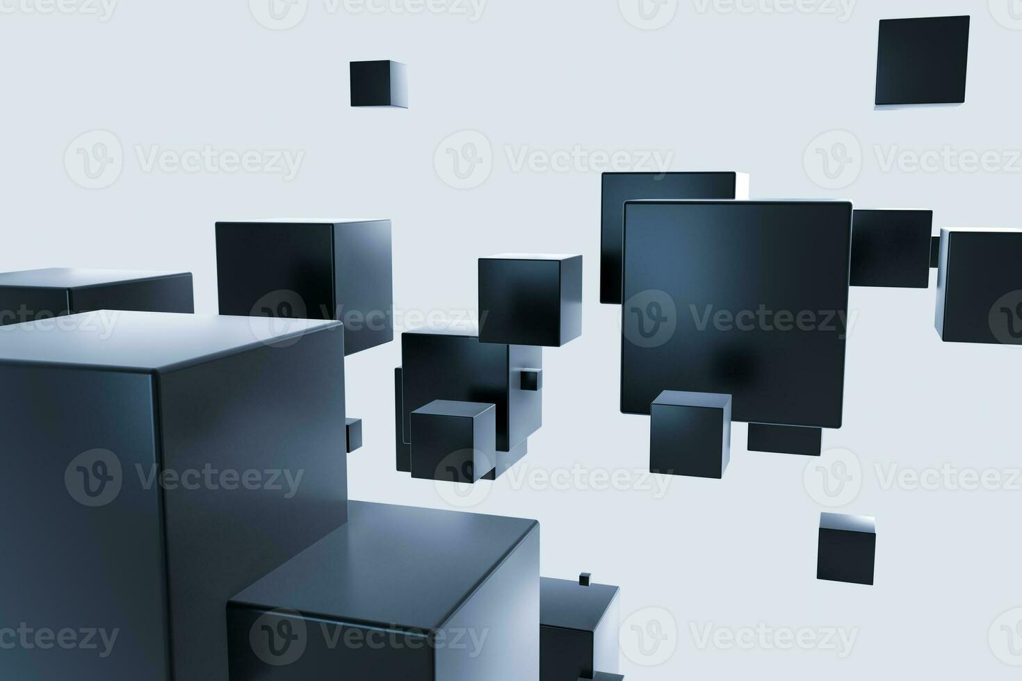 Dark cubes randomly distributed in the air, 3d rendering. photo