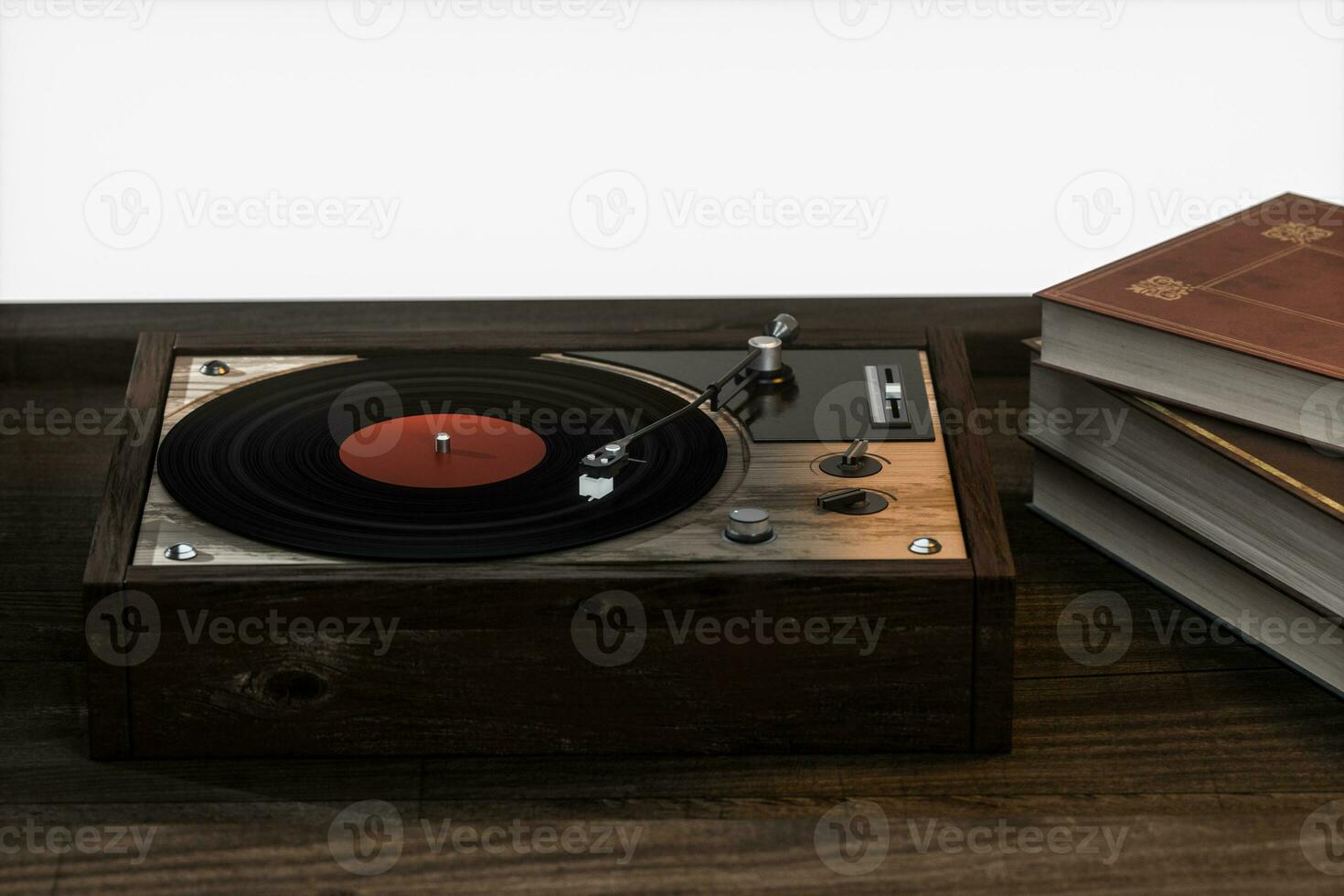 The old wooden vinyl record player on the table, 3d rendering. photo